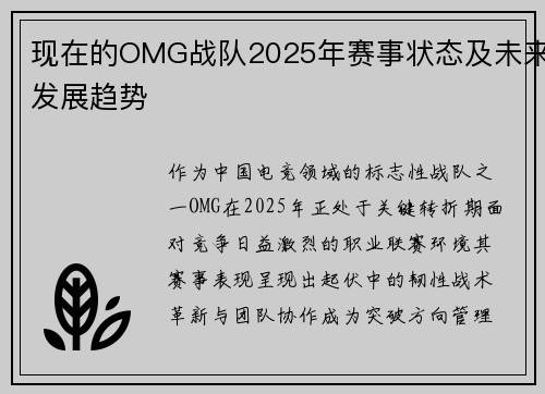 现在的OMG战队2025年赛事状态及未来发展趋势