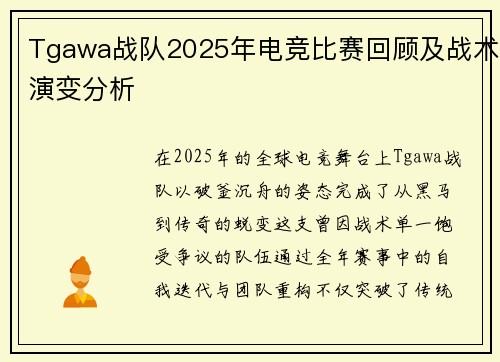 Tgawa战队2025年电竞比赛回顾及战术演变分析