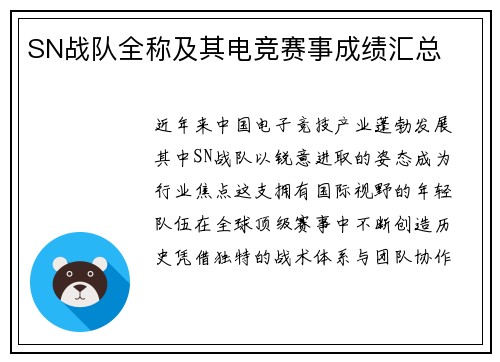 SN战队全称及其电竞赛事成绩汇总